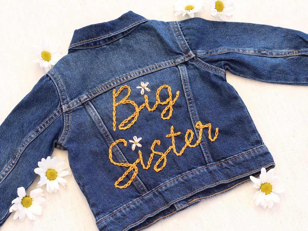 Big Sister Jacket with Big Sis Jean Jacket Baby Announcement Little Sister Denim Jacket Personalized Sister Gift Toddler Jacket Embroidered