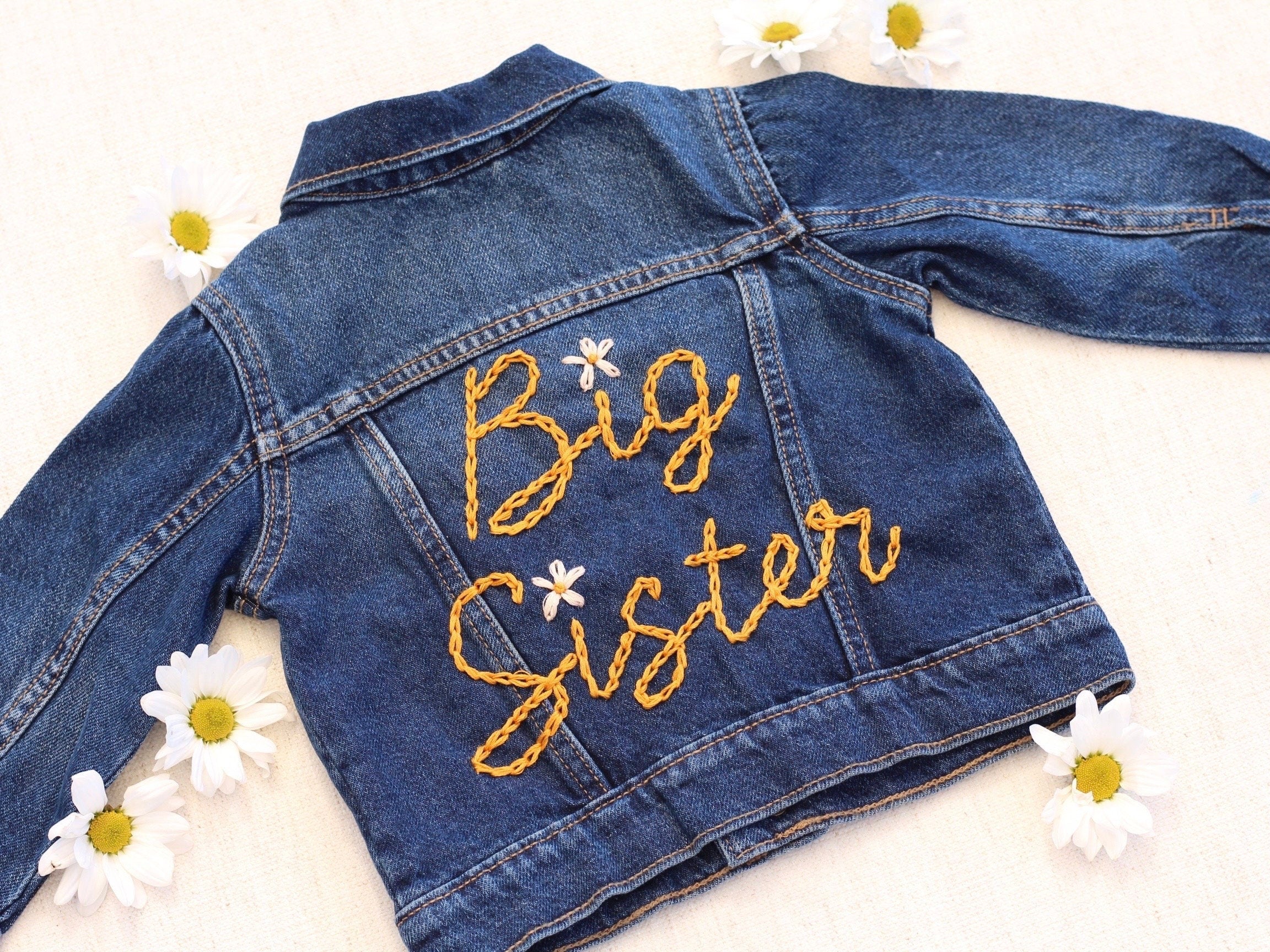 Big Sister Jacket with Big Sis Jean Jacket Baby Announcement Little Sister Denim Jacket Personalized Sister Gift Toddler Jacket Embroidered